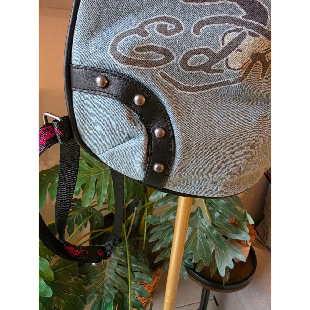 Ed Hardy Love Kills Slowly Ombre Denim Drawstring Backpack Rhinestone Skull Bag